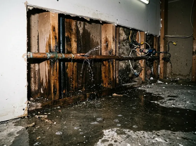 Burst pipe water damage cleanup in Grapevine TX repairing copper pipe leak and drying wet wall framing
