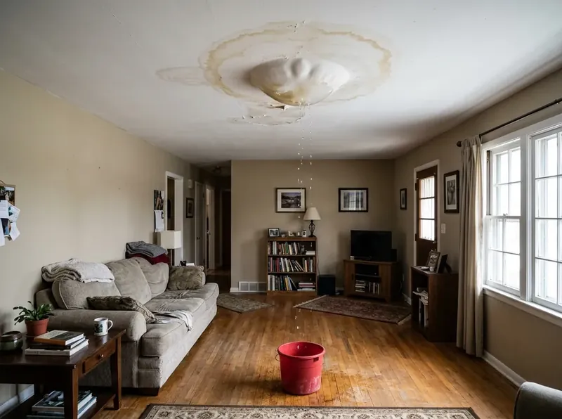 Ceiling water leak repair in Grapevine TX draining sagging drywall water damage and ceiling stains