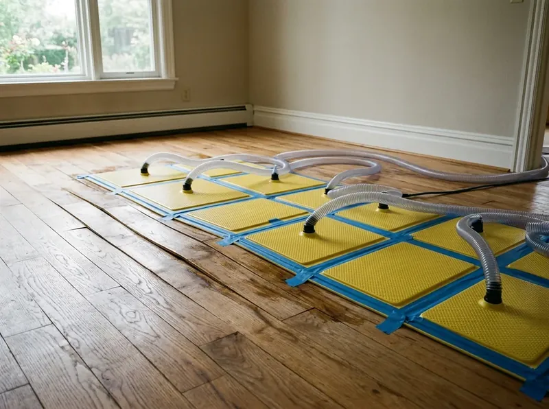 Slab leak and hardwood floor drying in Grapevine TX using negative-pressure vacuum drying mats