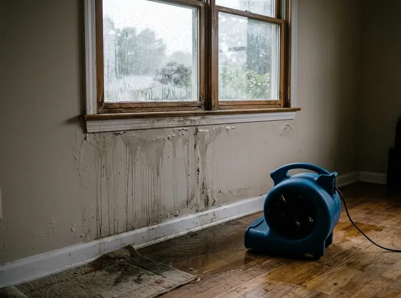 Storm water damage restoration in Grapevine TX drying rainwater intrusion under window sill and floor