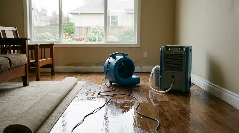 Water damage restoration in Grapevine TX with commercial dehumidifiers and air movers drying flooded floor